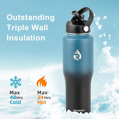 40 oz Insulated Water Bottle with Straw fit in Car Cup Holder | Triple Wall Vacuum Stainless Steel(Cold 48 hrs, Hot 24 hrs), Leakproof & Non-BPA, Hydro Travel Flask with Straw and Spout Lid