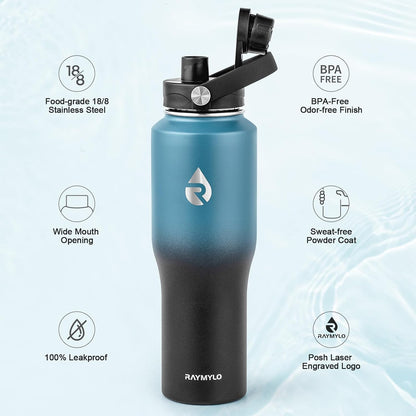 40 oz Insulated Water Bottle with Straw fit in Car Cup Holder | Triple Wall Vacuum Stainless Steel(Cold 48 hrs, Hot 24 hrs), Leakproof & Non-BPA, Hydro Travel Flask with Straw and Spout Lid