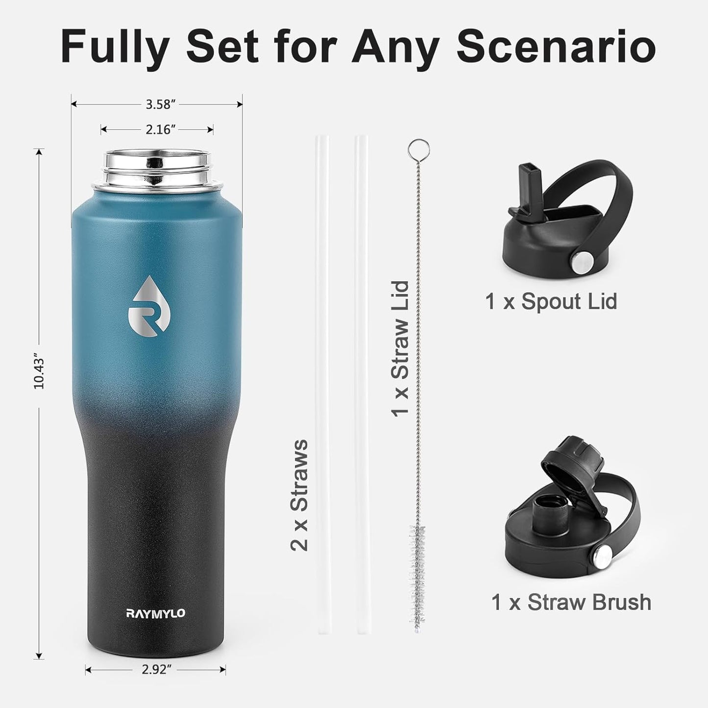 40 oz Insulated Water Bottle with Straw fit in Car Cup Holder | Triple Wall Vacuum Stainless Steel(Cold 48 hrs, Hot 24 hrs), Leakproof & Non-BPA, Hydro Travel Flask with Straw and Spout Lid