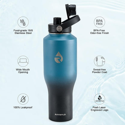 40 oz Insulated Water Bottle with Straw fit in Car Cup Holder | Triple Wall Vacuum Stainless Steel(Cold 48 hrs, Hot 24 hrs), Leakproof & Non-BPA, Hydro Travel Flask with Straw and Spout Lid