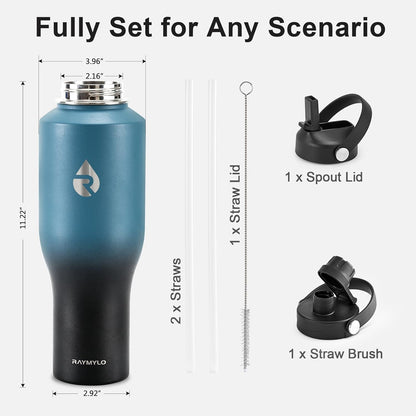 40 oz Insulated Water Bottle with Straw fit in Car Cup Holder | Triple Wall Vacuum Stainless Steel(Cold 48 hrs, Hot 24 hrs), Leakproof & Non-BPA, Hydro Travel Flask with Straw and Spout Lid