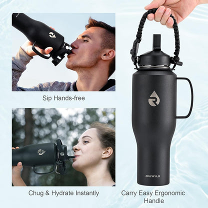 40 oz Insulated Water Bottle with Straw fit in Car Cup Holder | Triple Wall Vacuum Stainless Steel(Cold 48 hrs, Hot 24 hrs), Leakproof & Non-BPA, Hydro Travel Flask with Straw and Spout Lid
