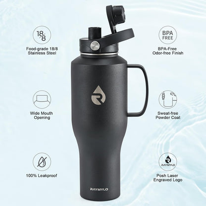 40 oz Insulated Water Bottle with Straw fit in Car Cup Holder | Triple Wall Vacuum Stainless Steel(Cold 48 hrs, Hot 24 hrs), Leakproof & Non-BPA, Hydro Travel Flask with Straw and Spout Lid