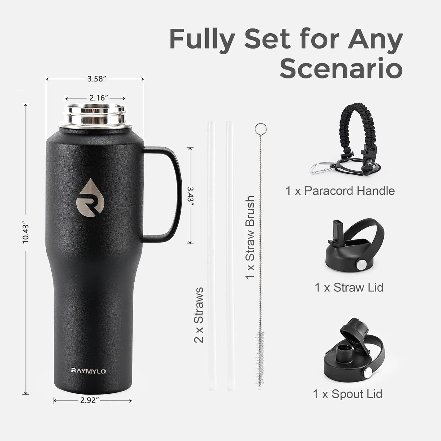 40 oz Insulated Water Bottle with Straw fit in Car Cup Holder | Triple Wall Vacuum Stainless Steel(Cold 48 hrs, Hot 24 hrs), Leakproof & Non-BPA, Hydro Travel Flask with Straw and Spout Lid