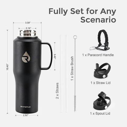 40 oz Insulated Water Bottle with Straw fit in Car Cup Holder | Triple Wall Vacuum Stainless Steel(Cold 48 hrs, Hot 24 hrs), Leakproof & Non-BPA, Hydro Travel Flask with Straw and Spout Lid
