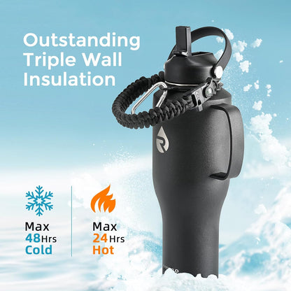 40 oz Insulated Water Bottle with Straw fit in Car Cup Holder | Triple Wall Vacuum Stainless Steel(Cold 48 hrs, Hot 24 hrs), Leakproof & Non-BPA, Hydro Travel Flask with Straw and Spout Lid