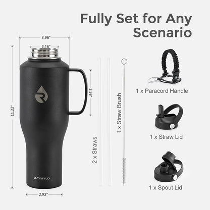 40 oz Insulated Water Bottle with Straw fit in Car Cup Holder | Triple Wall Vacuum Stainless Steel(Cold 48 hrs, Hot 24 hrs), Leakproof & Non-BPA, Hydro Travel Flask with Straw and Spout Lid