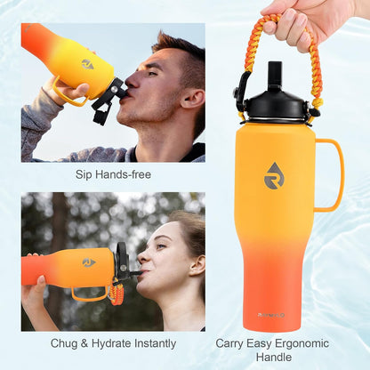 40 oz Insulated Water Bottle with Straw fit in Car Cup Holder | Triple Wall Vacuum Stainless Steel(Cold 48 hrs, Hot 24 hrs), Leakproof & Non-BPA, Hydro Travel Flask with Straw and Spout Lid
