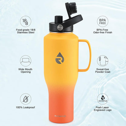 40 oz Insulated Water Bottle with Straw fit in Car Cup Holder | Triple Wall Vacuum Stainless Steel(Cold 48 hrs, Hot 24 hrs), Leakproof & Non-BPA, Hydro Travel Flask with Straw and Spout Lid