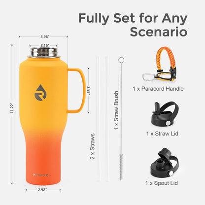40 oz Insulated Water Bottle with Straw fit in Car Cup Holder | Triple Wall Vacuum Stainless Steel(Cold 48 hrs, Hot 24 hrs), Leakproof & Non-BPA, Hydro Travel Flask with Straw and Spout Lid