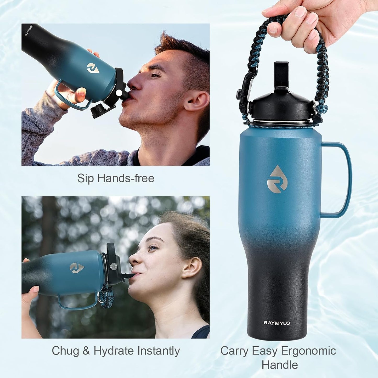 40 oz Insulated Water Bottle with Straw fit in Car Cup Holder | Triple Wall Vacuum Stainless Steel(Cold 48 hrs, Hot 24 hrs), Leakproof & Non-BPA, Hydro Travel Flask with Straw and Spout Lid