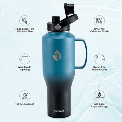 40 oz Insulated Water Bottle with Straw fit in Car Cup Holder | Triple Wall Vacuum Stainless Steel(Cold 48 hrs, Hot 24 hrs), Leakproof & Non-BPA, Hydro Travel Flask with Straw and Spout Lid