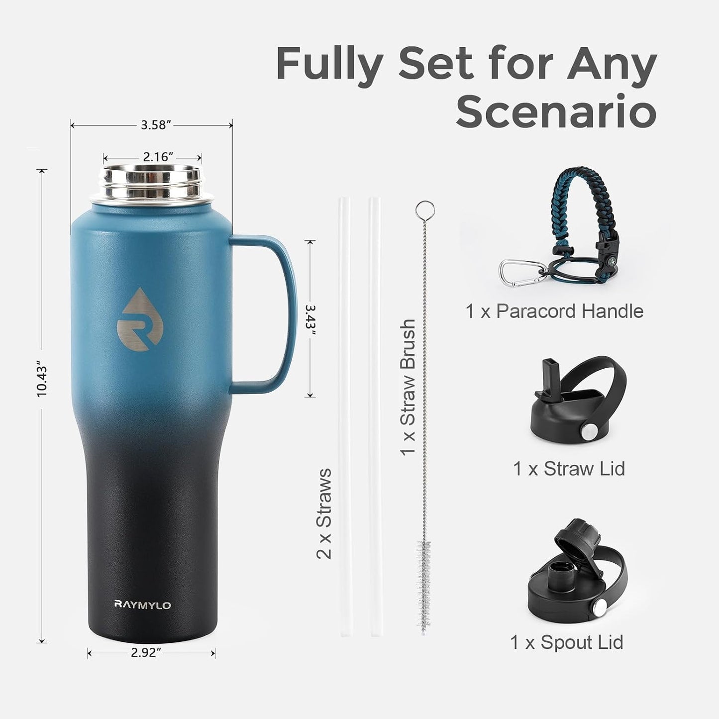 40 oz Insulated Water Bottle with Straw fit in Car Cup Holder | Triple Wall Vacuum Stainless Steel(Cold 48 hrs, Hot 24 hrs), Leakproof & Non-BPA, Hydro Travel Flask with Straw and Spout Lid