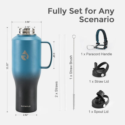 40 oz Insulated Water Bottle with Straw fit in Car Cup Holder | Triple Wall Vacuum Stainless Steel(Cold 48 hrs, Hot 24 hrs), Leakproof & Non-BPA, Hydro Travel Flask with Straw and Spout Lid