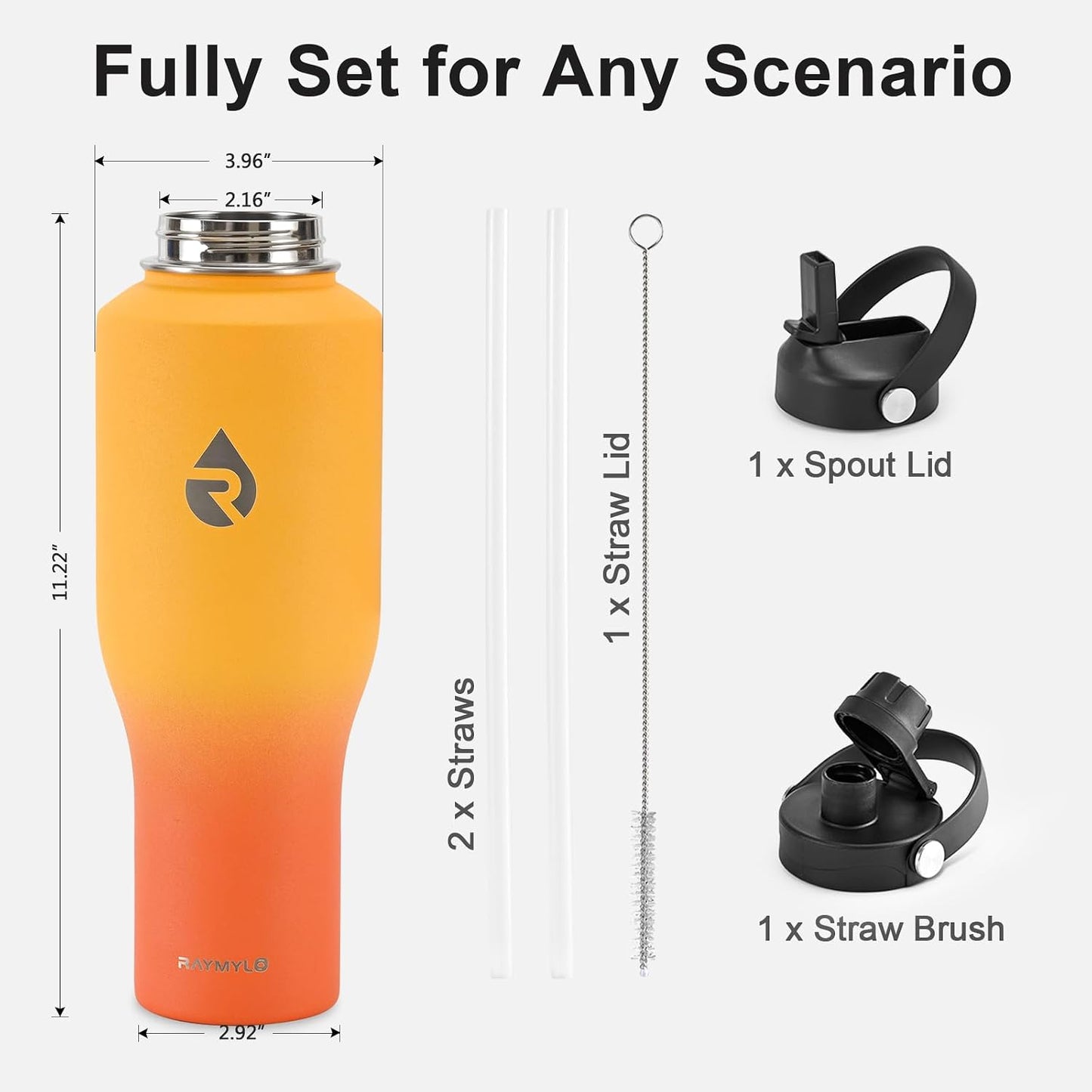 40 oz Insulated Water Bottle with Straw fit in Car Cup Holder | Triple Wall Vacuum Stainless Steel(Cold 48 hrs, Hot 24 hrs), Leakproof & Non-BPA, Hydro Travel Flask with Straw and Spout Lid