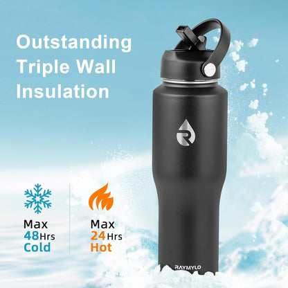40 oz Insulated Water Bottle with Straw fit in Car Cup Holder | Triple Wall Vacuum Stainless Steel(Cold 48 hrs, Hot 24 hrs), Leakproof & Non-BPA, Hydro Travel Flask with Straw and Spout Lid