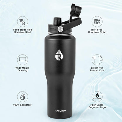40 oz Insulated Water Bottle with Straw fit in Car Cup Holder | Triple Wall Vacuum Stainless Steel(Cold 48 hrs, Hot 24 hrs), Leakproof & Non-BPA, Hydro Travel Flask with Straw and Spout Lid
