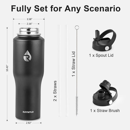 40 oz Insulated Water Bottle with Straw fit in Car Cup Holder | Triple Wall Vacuum Stainless Steel(Cold 48 hrs, Hot 24 hrs), Leakproof & Non-BPA, Hydro Travel Flask with Straw and Spout Lid