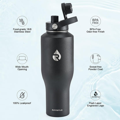 40 oz Insulated Water Bottle with Straw fit in Car Cup Holder | Triple Wall Vacuum Stainless Steel(Cold 48 hrs, Hot 24 hrs), Leakproof & Non-BPA, Hydro Travel Flask with Straw and Spout Lid
