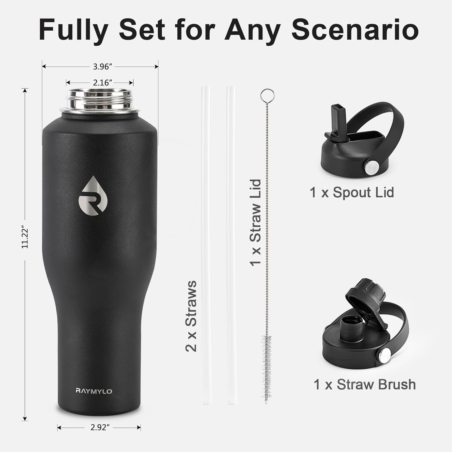 40 oz Insulated Water Bottle with Straw fit in Car Cup Holder | Triple Wall Vacuum Stainless Steel(Cold 48 hrs, Hot 24 hrs), Leakproof & Non-BPA, Hydro Travel Flask with Straw and Spout Lid