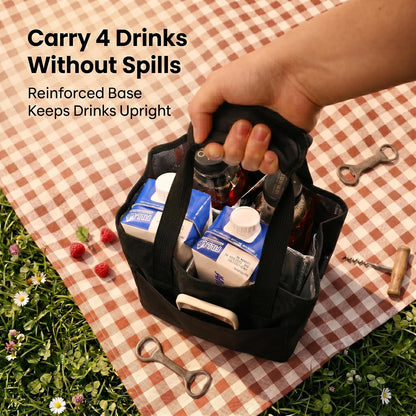 4-Cup Insulated Drink Carrier Bag with Shoulder Strap(BLACK) | Drink Carrier Tote Bag