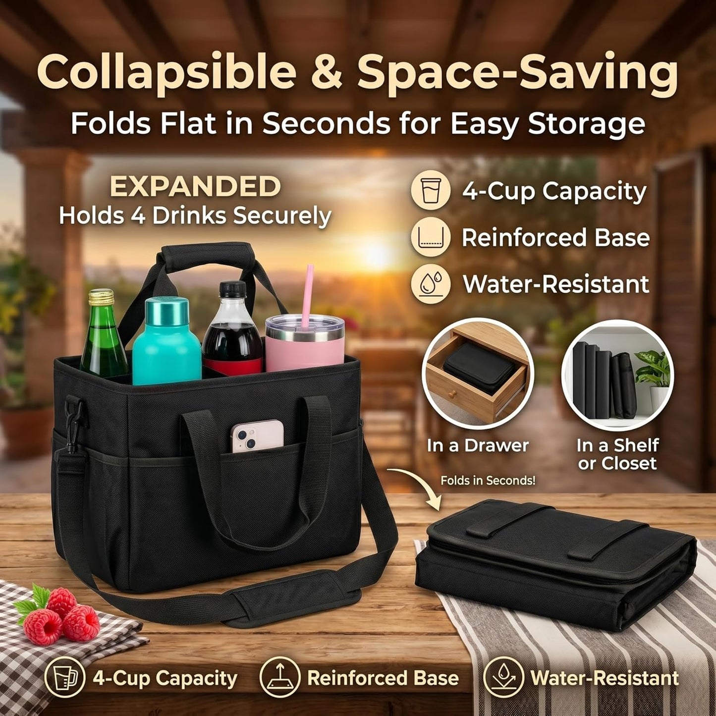 4-Cup Insulated Drink Carrier Bag with Shoulder Strap(BLACK) | Drink Carrier Tote Bag