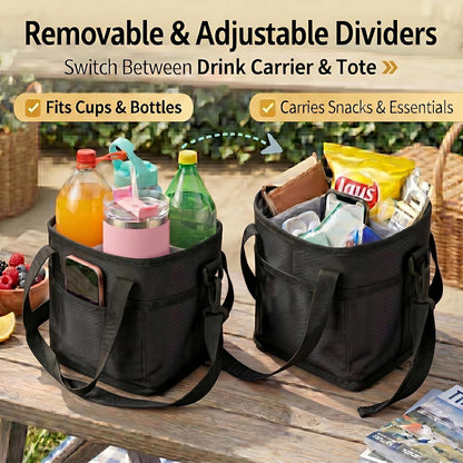 4-Cup Insulated Drink Carrier Bag with Shoulder Strap(BLACK) | Drink Carrier Tote Bag
