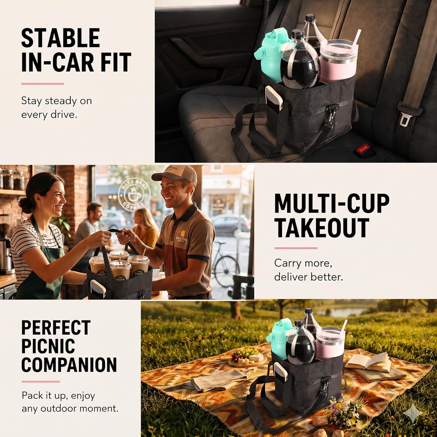 4-Cup Insulated Drink Carrier Bag with Shoulder Strap(BLACK) | Drink Carrier Tote Bag