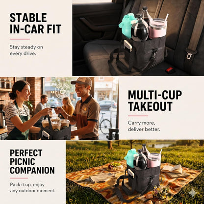 4-Cup Insulated Drink Carrier Bag with Shoulder Strap(BLACK) | Drink Carrier Tote Bag