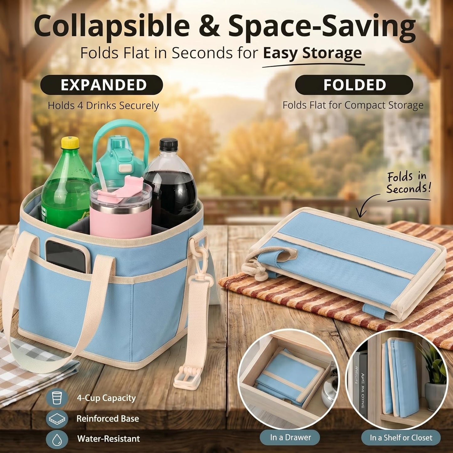 4-Cup Insulated Drink Carrier Bag with Shoulder Strap(BLACK) | Drink Carrier Tote Bag