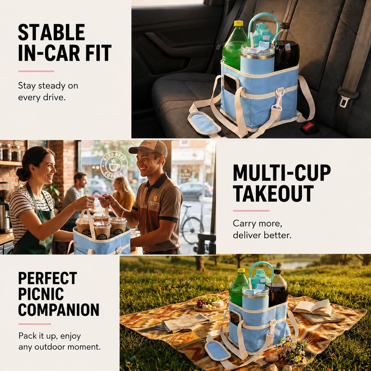 4-Cup Insulated Drink Carrier Bag with Shoulder Strap(BLACK) | Drink Carrier Tote Bag