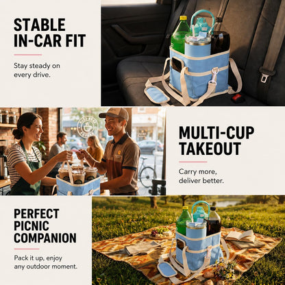 4-Cup Insulated Drink Carrier Bag with Shoulder Strap(BLACK) | Drink Carrier Tote Bag