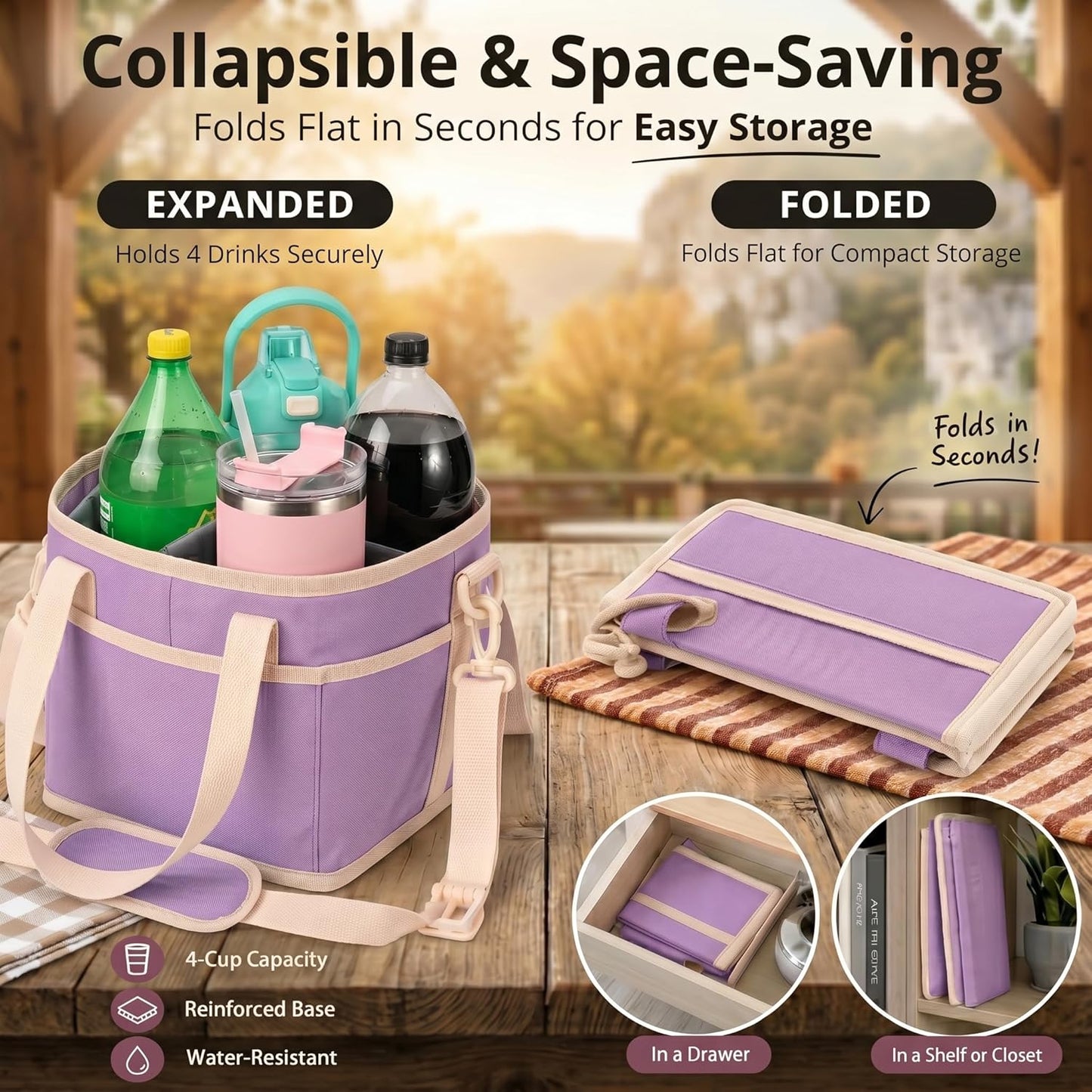 4-Cup Insulated Drink Carrier Bag with Shoulder Strap(BLACK) | Drink Carrier Tote Bag