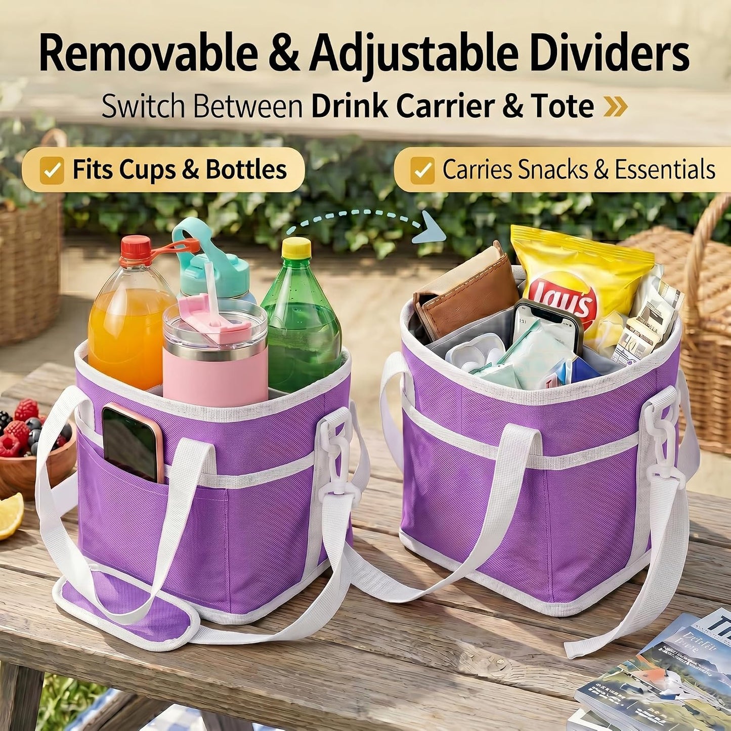 4-Cup Insulated Drink Carrier Bag with Shoulder Strap(BLACK) | Drink Carrier Tote Bag