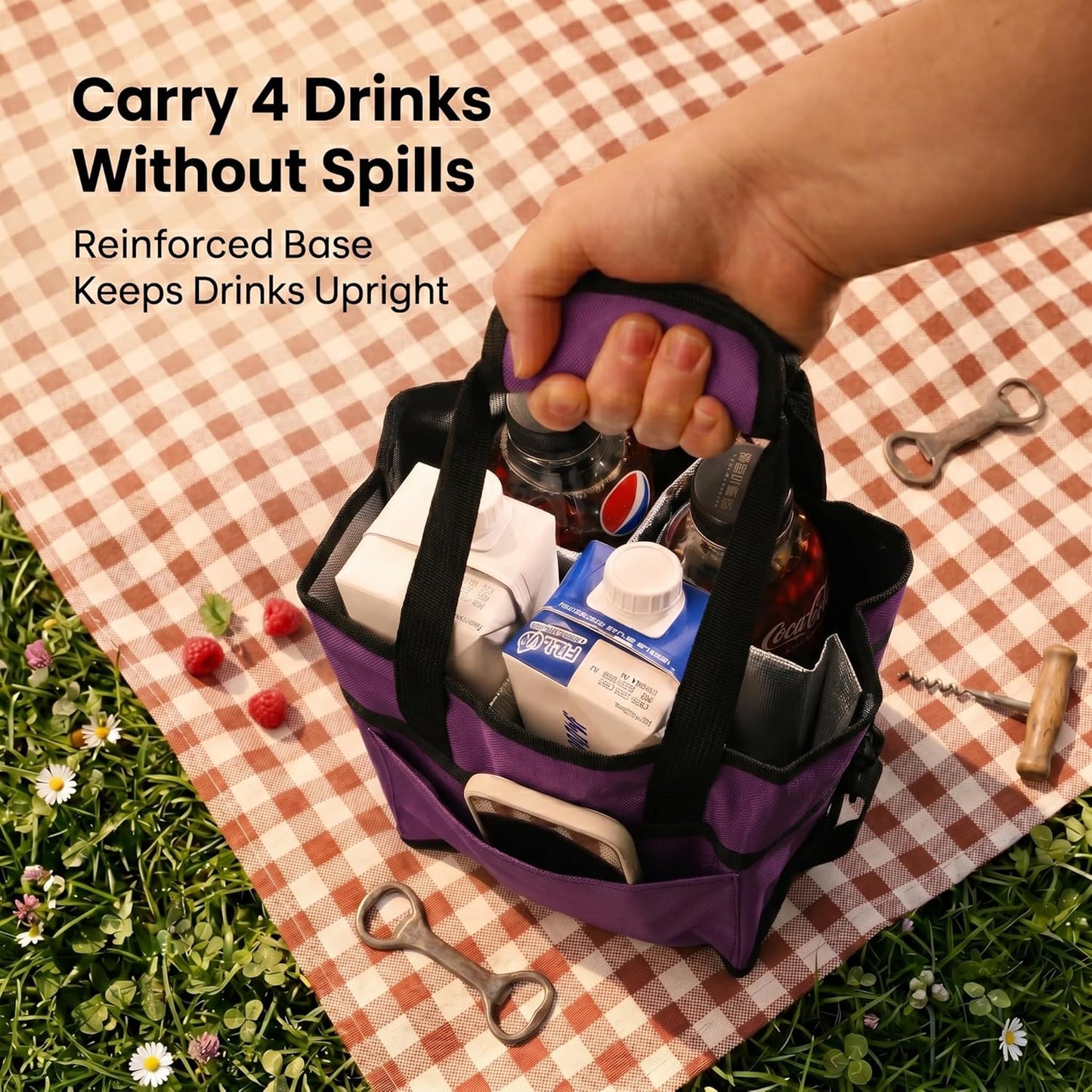 4-Cup Insulated Drink Carrier Bag with Shoulder Strap(BLACK) | Drink Carrier Tote Bag