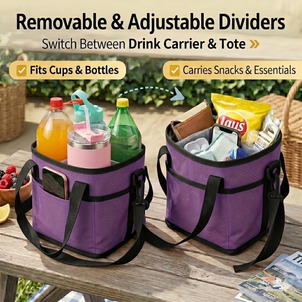 4-Cup Insulated Drink Carrier Bag with Shoulder Strap(BLACK) | Drink Carrier Tote Bag
