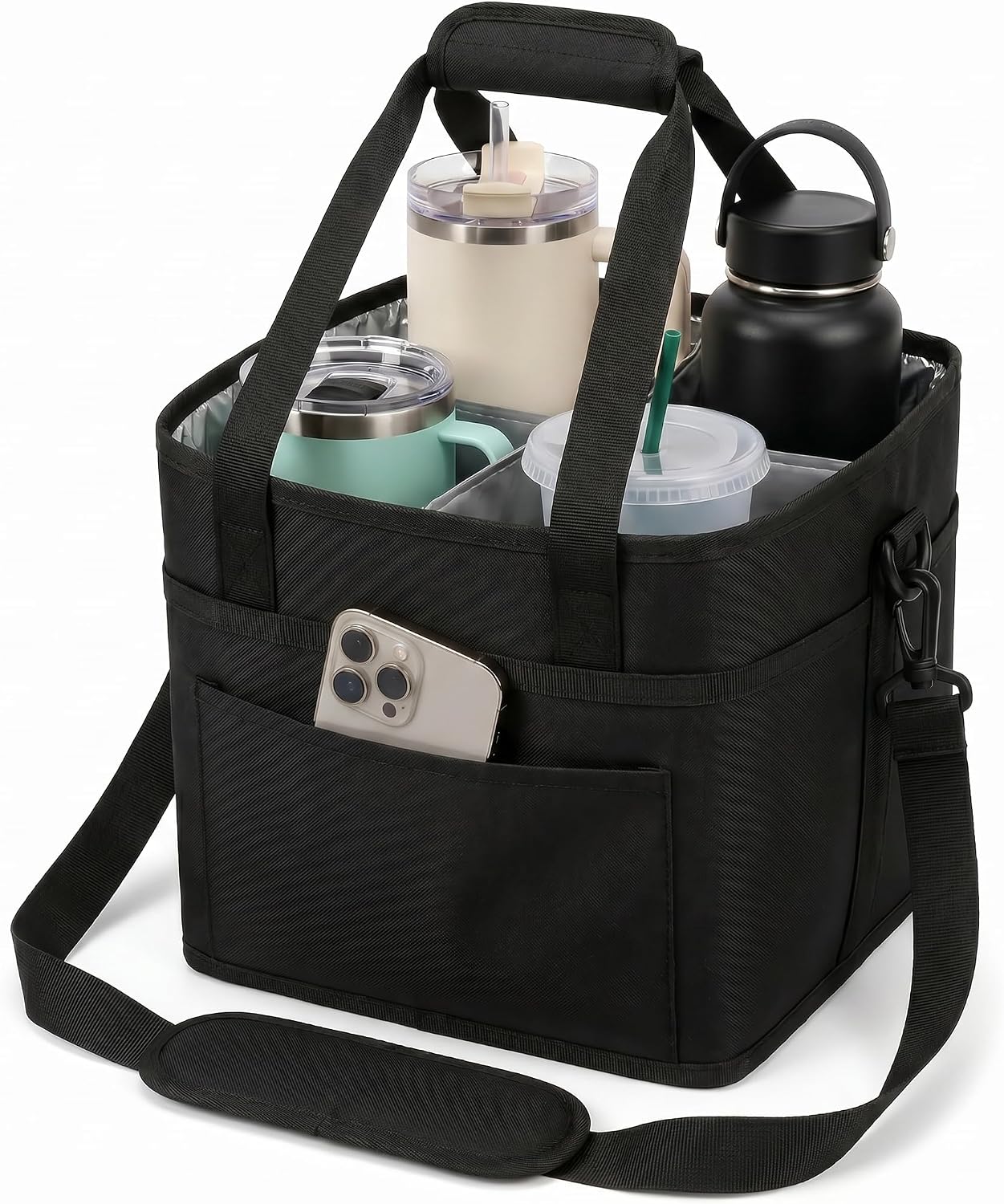 Drink Carrier Bag 4-Compartment Insulated Caddy Tote with Handle & Strap | No-tip base, splash-proof lining, holds 4 cups. Perfect for family trips & sports.