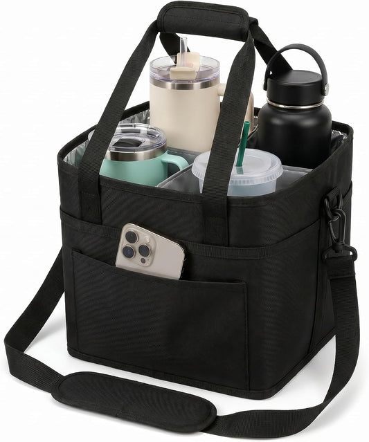 Drink Carrier Bag 4-Compartment Insulated Caddy Tote with Handle & Strap | No-tip base, splash-proof lining, holds 4 cups. Perfect for family trips & sports.