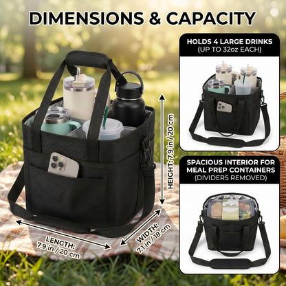 Drink Carrier Bag 4-Compartment Insulated Caddy Tote with Handle & Strap | No-tip base, splash-proof lining, holds 4 cups. Perfect for family trips & sports.