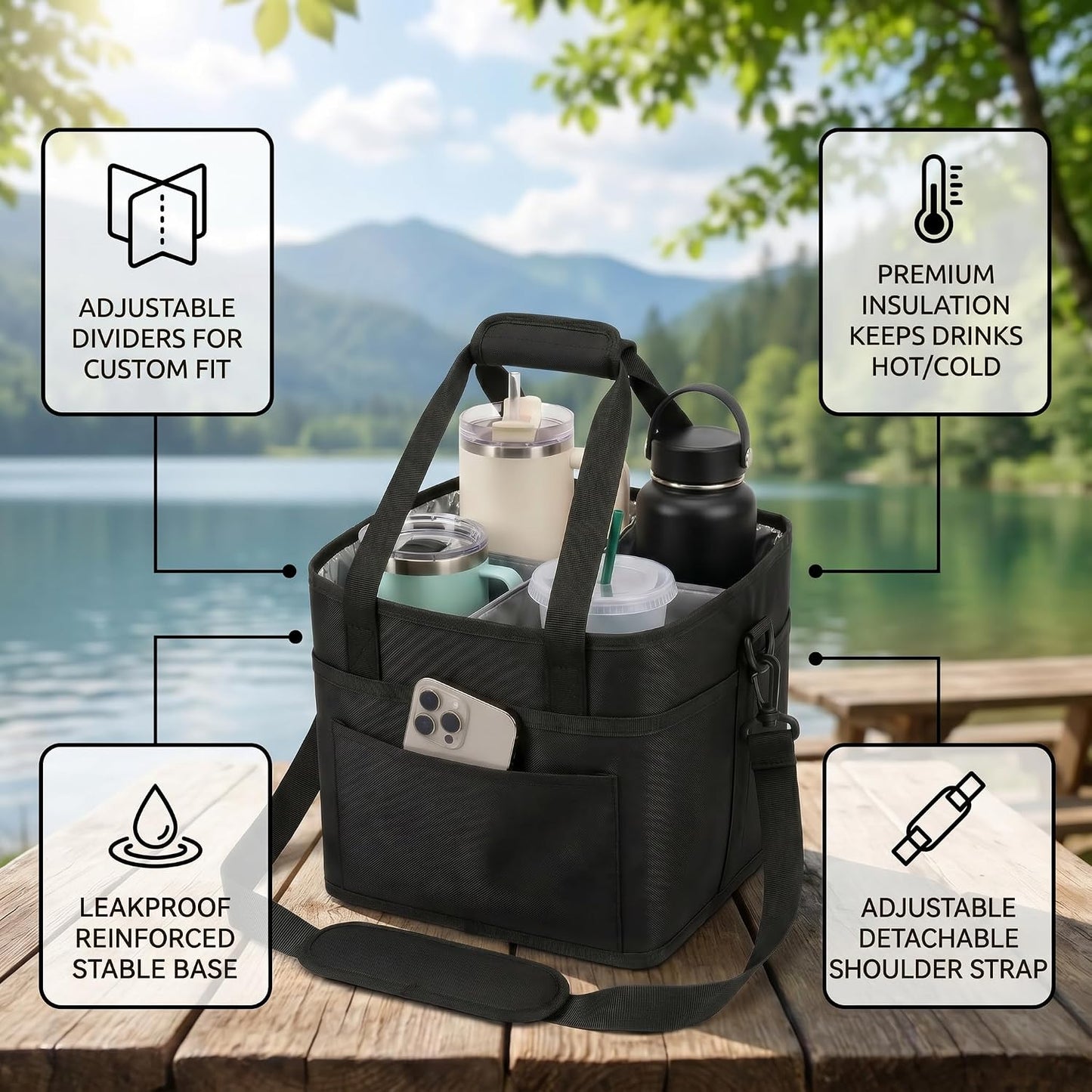 Drink Carrier Bag 4-Compartment Insulated Caddy Tote with Handle & Strap | No-tip base, splash-proof lining, holds 4 cups. Perfect for family trips & sports.