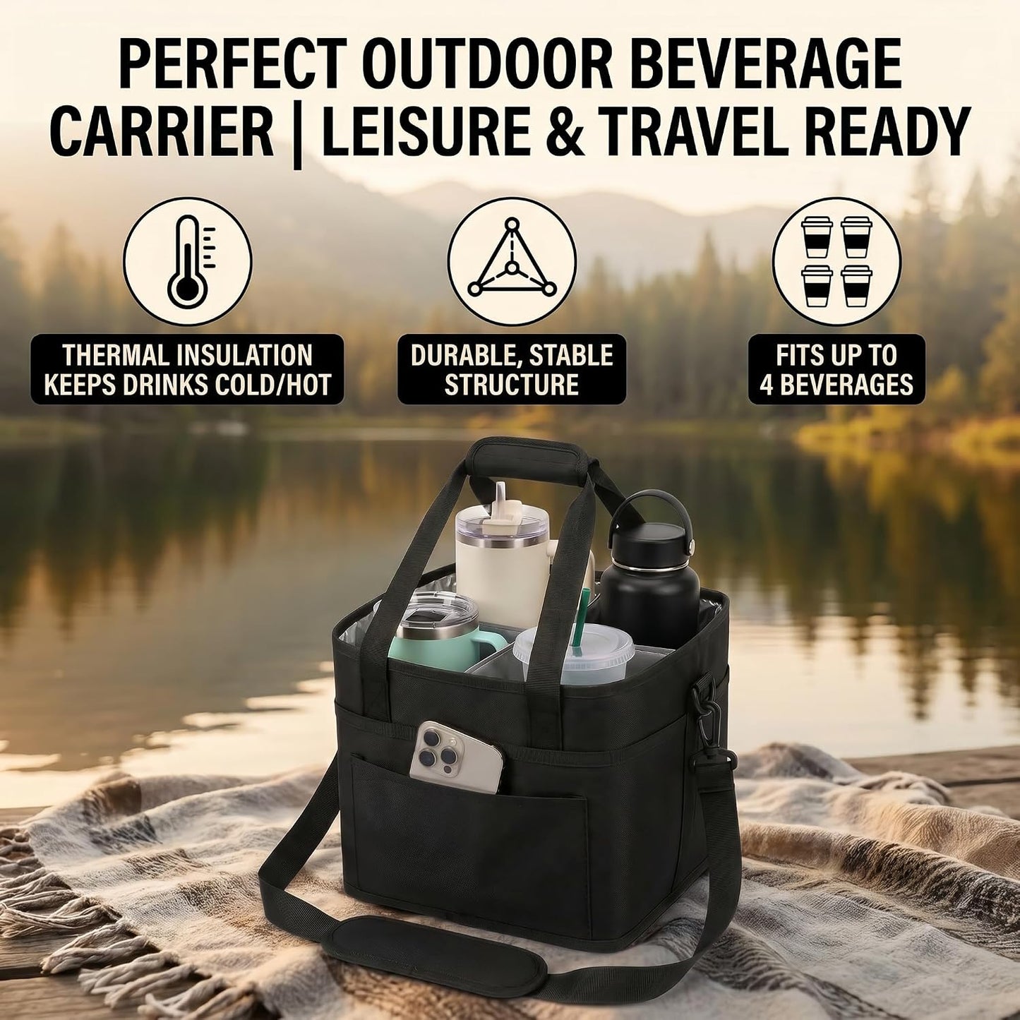 Drink Carrier Bag 4-Compartment Insulated Caddy Tote with Handle & Strap | No-tip base, splash-proof lining, holds 4 cups. Perfect for family trips & sports.