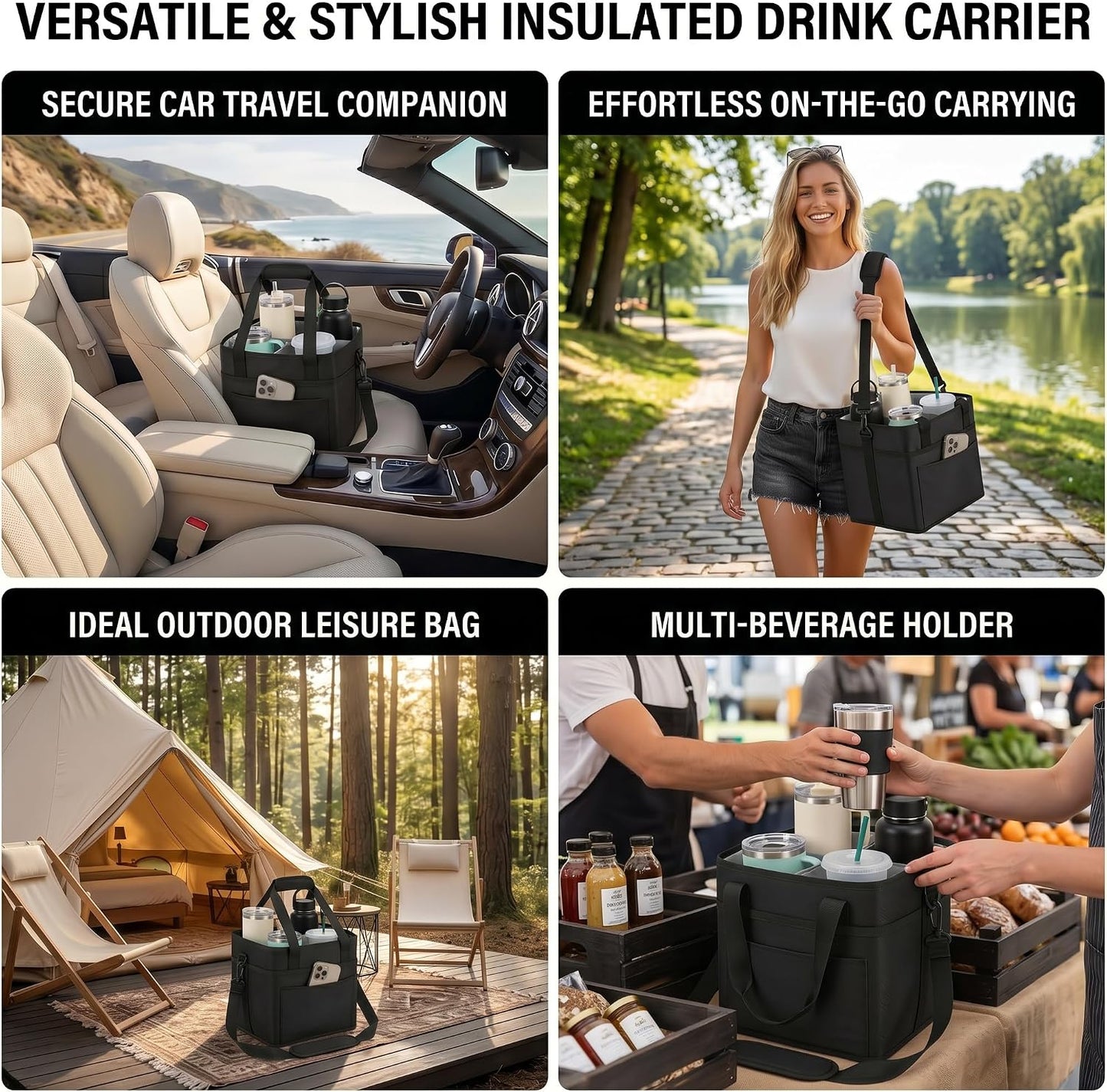Drink Carrier Bag 4-Compartment Insulated Caddy Tote with Handle & Strap | No-tip base, splash-proof lining, holds 4 cups. Perfect for family trips & sports.