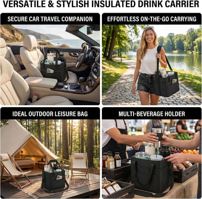 Drink Carrier Bag 4-Compartment Insulated Caddy Tote with Handle & Strap | No-tip base, splash-proof lining, holds 4 cups. Perfect for family trips & sports.
