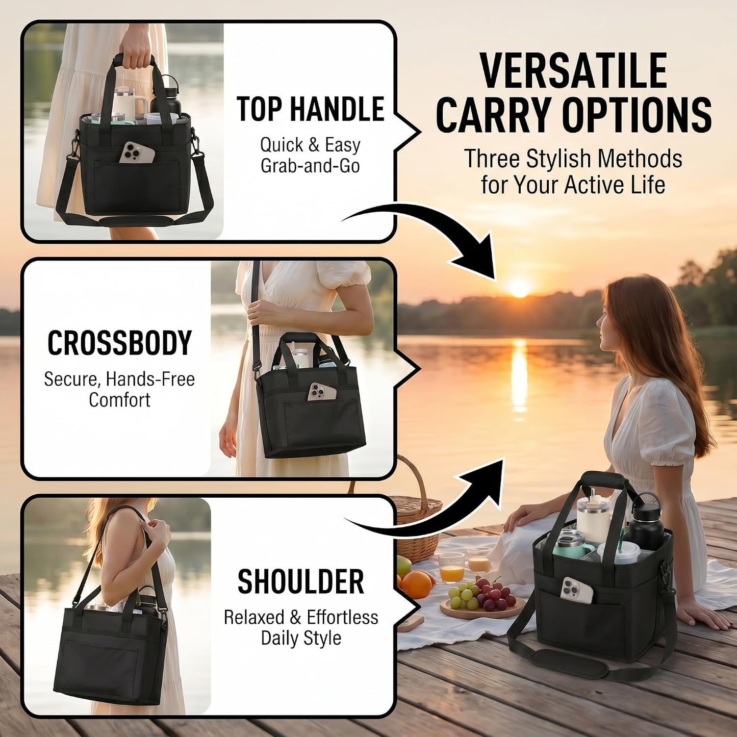 Drink Carrier Bag 4-Compartment Insulated Caddy Tote with Handle & Strap | No-tip base, splash-proof lining, holds 4 cups. Perfect for family trips & sports.