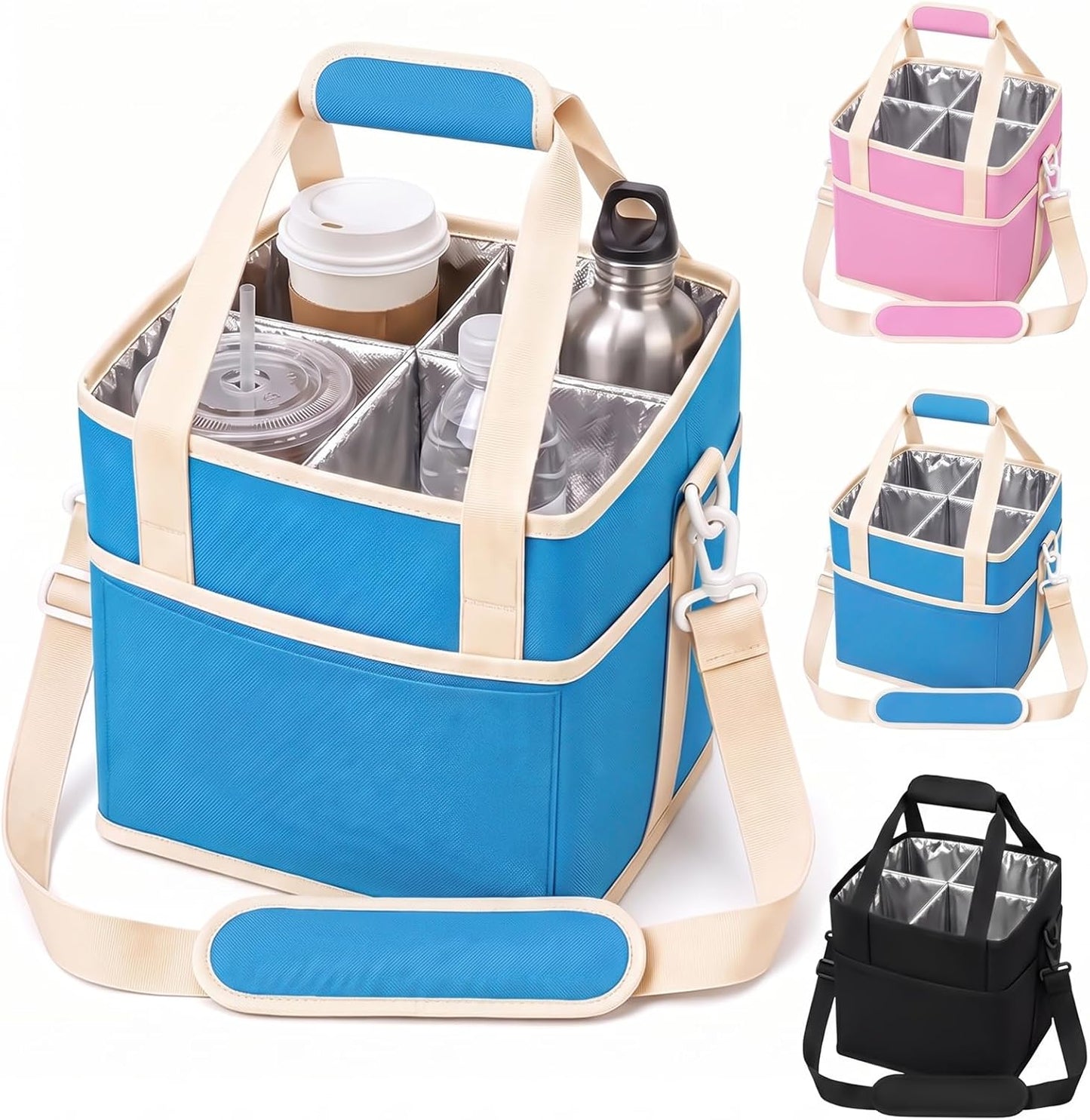 Drink Carrier Bag 4-Compartment Insulated Caddy Tote with Handle & Strap | No-tip base, splash-proof lining, holds 4 cups. Perfect for family trips & sports.