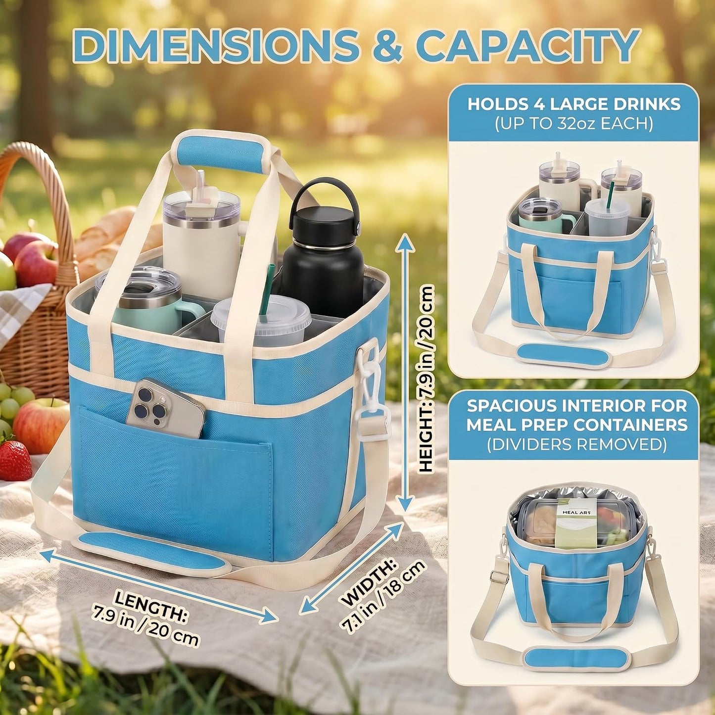 Drink Carrier Bag 4-Compartment Insulated Caddy Tote with Handle & Strap | No-tip base, splash-proof lining, holds 4 cups. Perfect for family trips & sports.