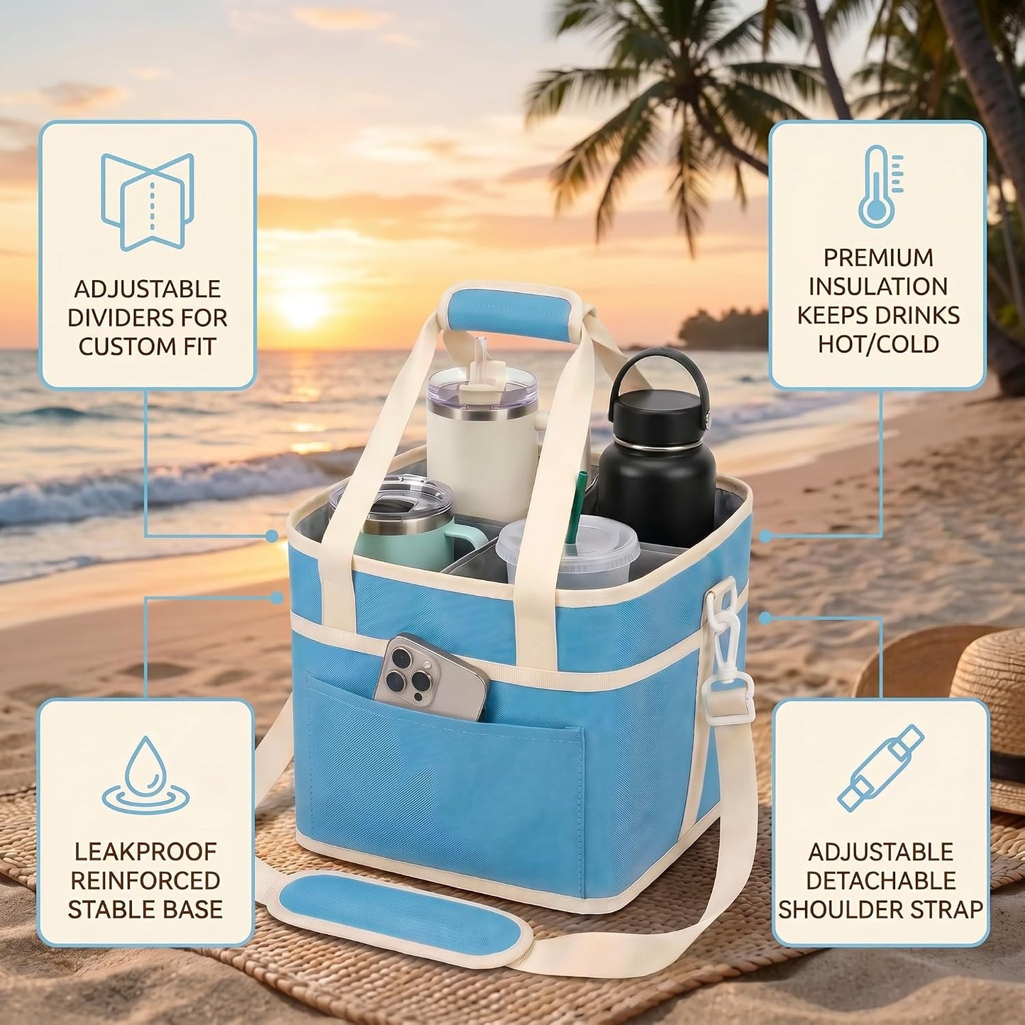 Drink Carrier Bag 4-Compartment Insulated Caddy Tote with Handle & Strap | No-tip base, splash-proof lining, holds 4 cups. Perfect for family trips & sports.