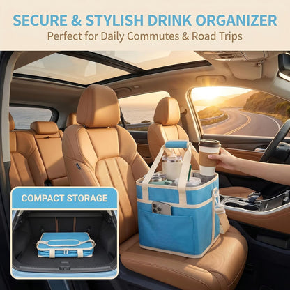 Drink Carrier Bag 4-Compartment Insulated Caddy Tote with Handle & Strap | No-tip base, splash-proof lining, holds 4 cups. Perfect for family trips & sports.