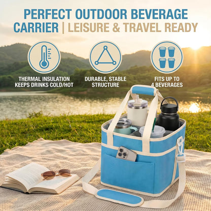Drink Carrier Bag 4-Compartment Insulated Caddy Tote with Handle & Strap | No-tip base, splash-proof lining, holds 4 cups. Perfect for family trips & sports.