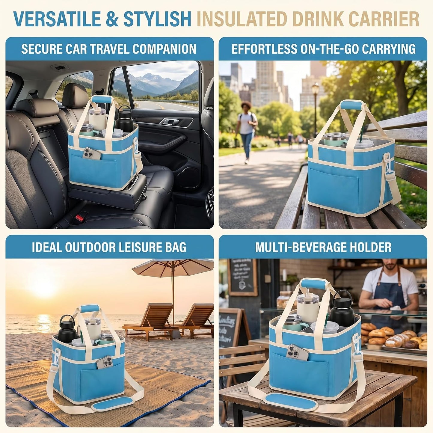 Drink Carrier Bag 4-Compartment Insulated Caddy Tote with Handle & Strap | No-tip base, splash-proof lining, holds 4 cups. Perfect for family trips & sports.
